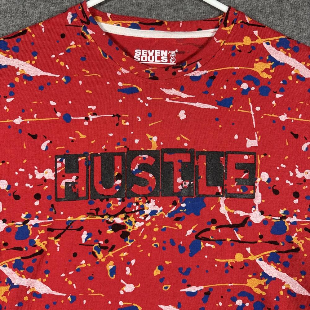 Seven Souls Shirt Mens L Red Hustle Paint Splatter Graphic Tee Streetwear Y2K